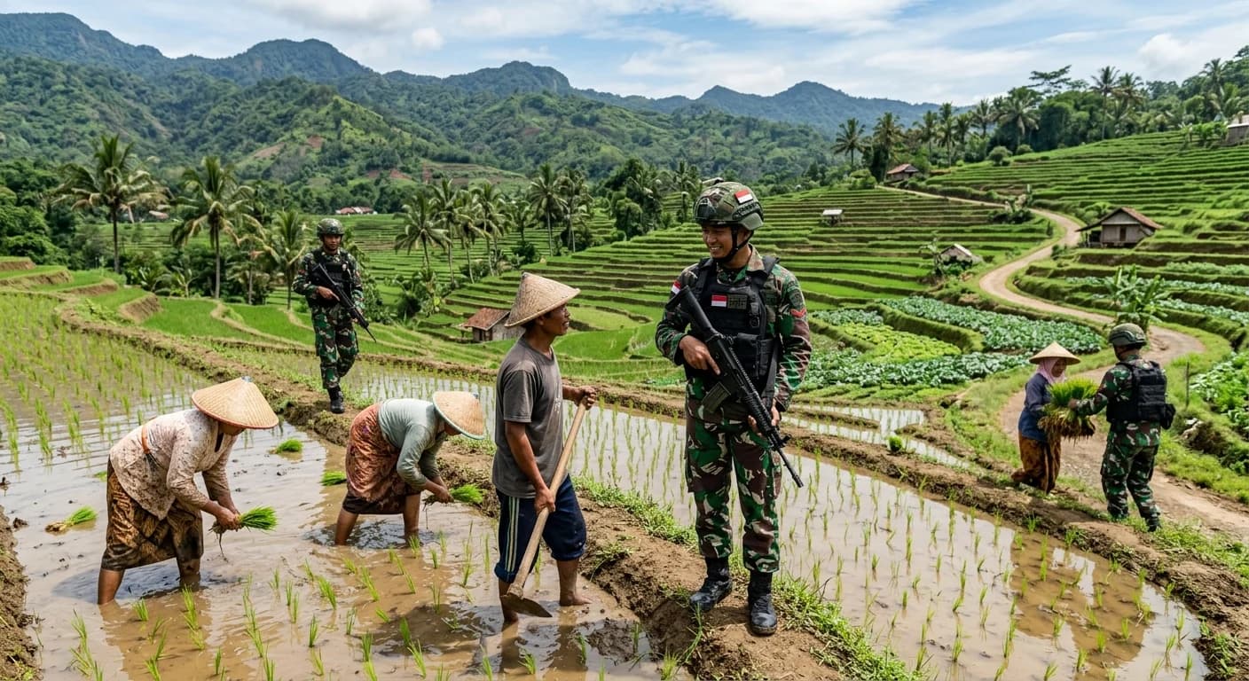 Ilustrasi TNI menjaga pertanian. (AI).