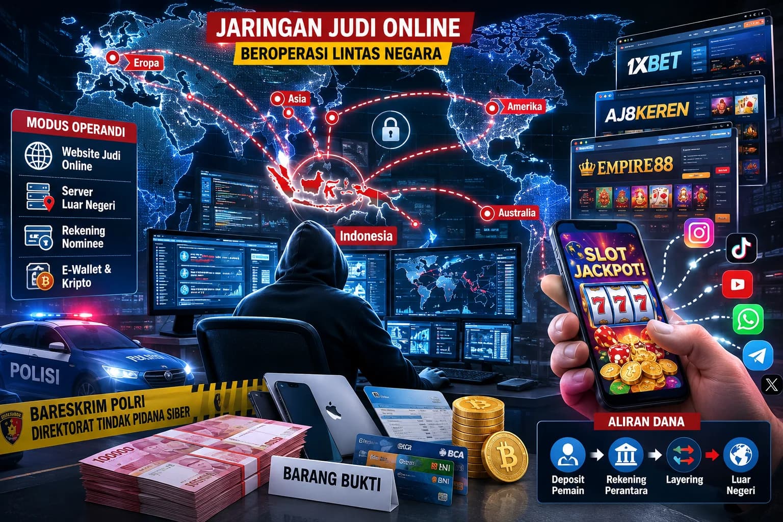 Jaringan Judi Online Pusat JP68 Dibongkar, 3 Tersangka Ditangkap dan 2 DPO Diburu